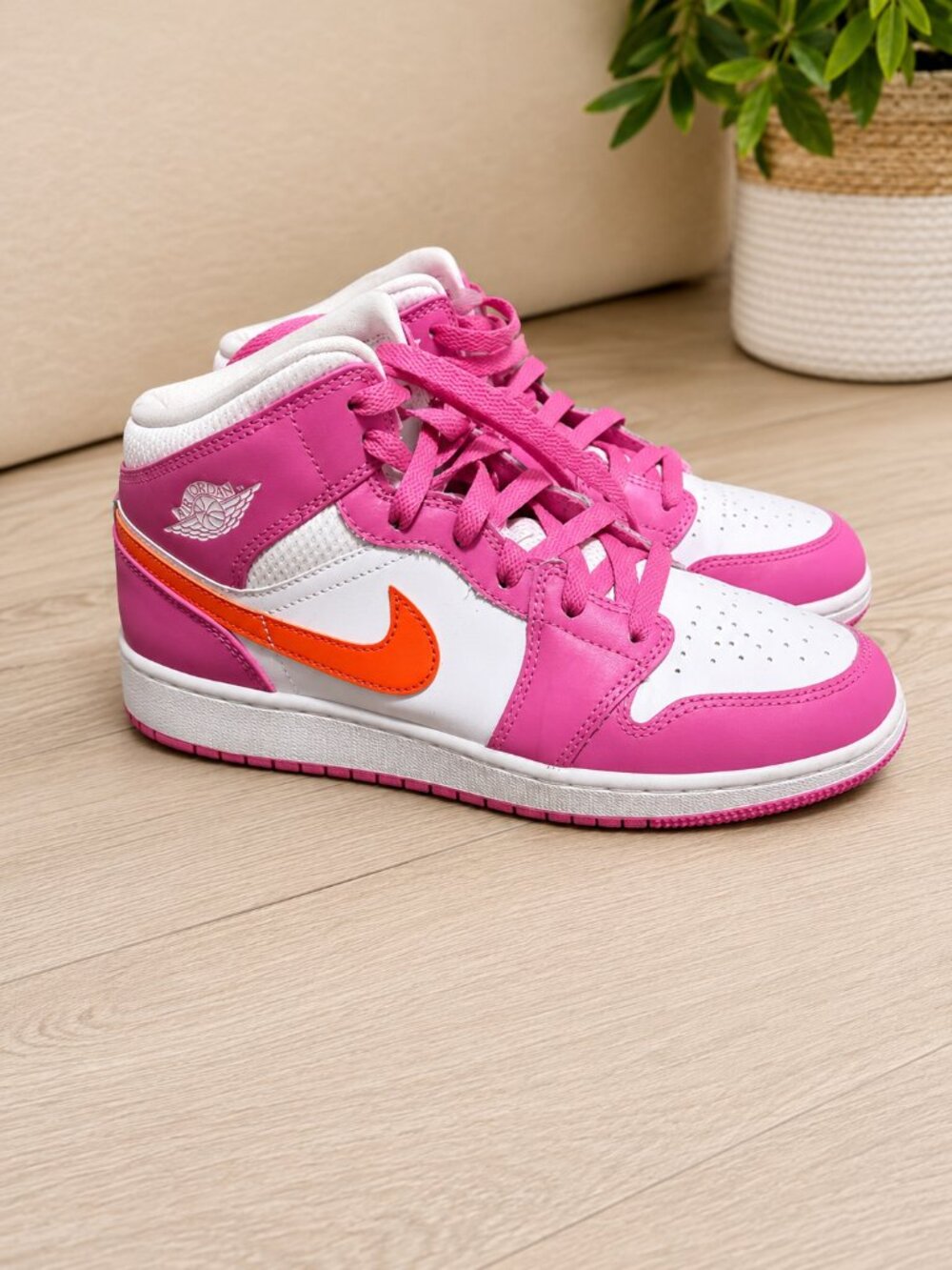 Nike Air Jordan 1 Mid Pink White Orange Youth Size 6.5Y Sneakers